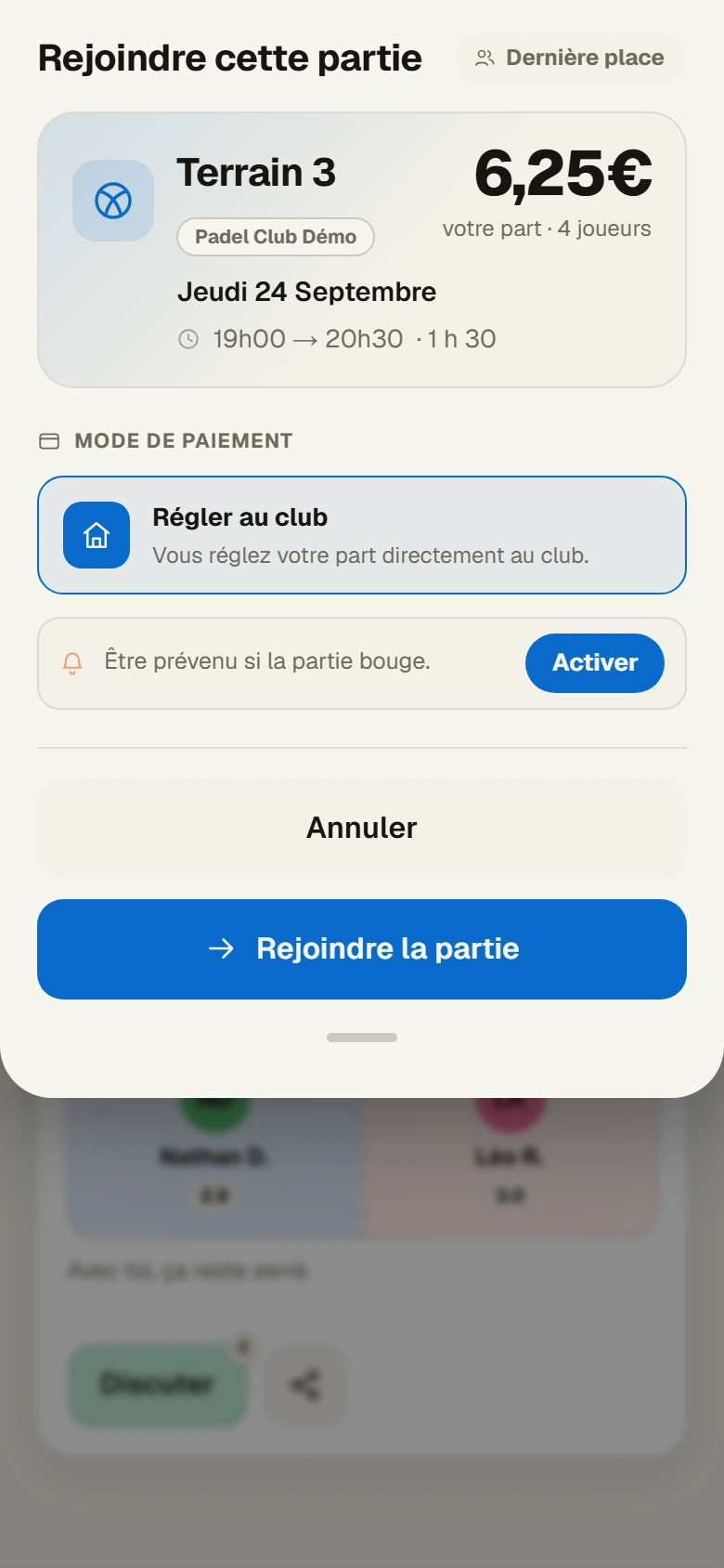 Rejoindre une partie : la part du joueur et le paiement en ligne.
